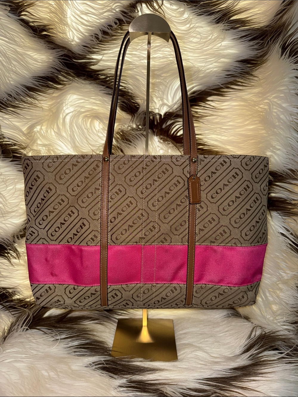Coach Brown Signature Canvas Tote with Pink Stripe